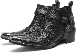 Santimon Chelsea Boots White Dress for Men Prom Casual Genuine Leather Pull Up Belt Buckle Metal Tip Ankle Boots Mens Fashion Tuxedo Wedding Ballroom Party Disco Western Cowboy Boots for Men