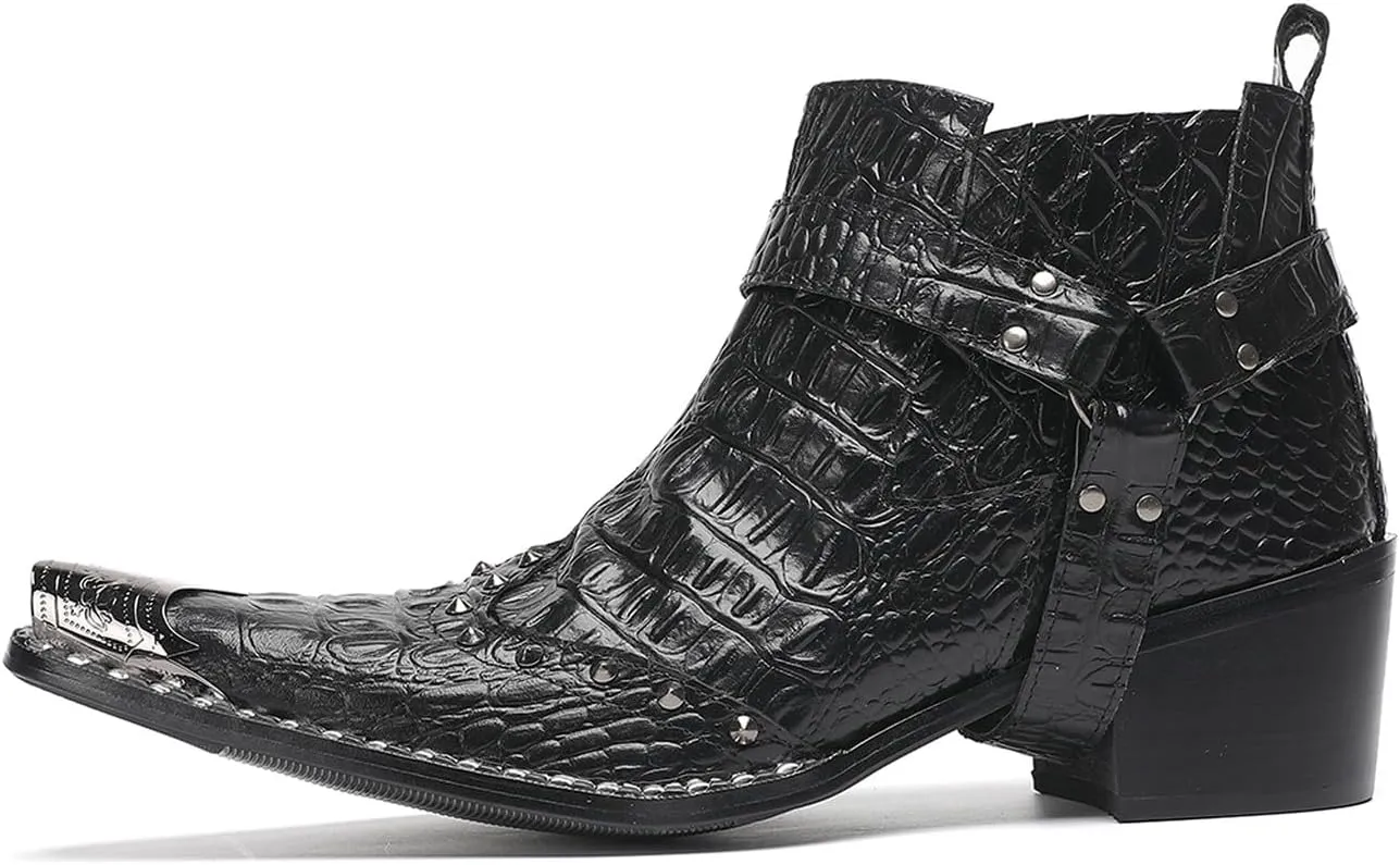 Santimon Chelsea Boots White Dress for Men Prom Casual Genuine Leather Pull Up Belt Buckle Metal Tip Ankle Boots Mens Fashion Tuxedo Wedding Ballroom Party Disco Western Cowboy Boots for Men