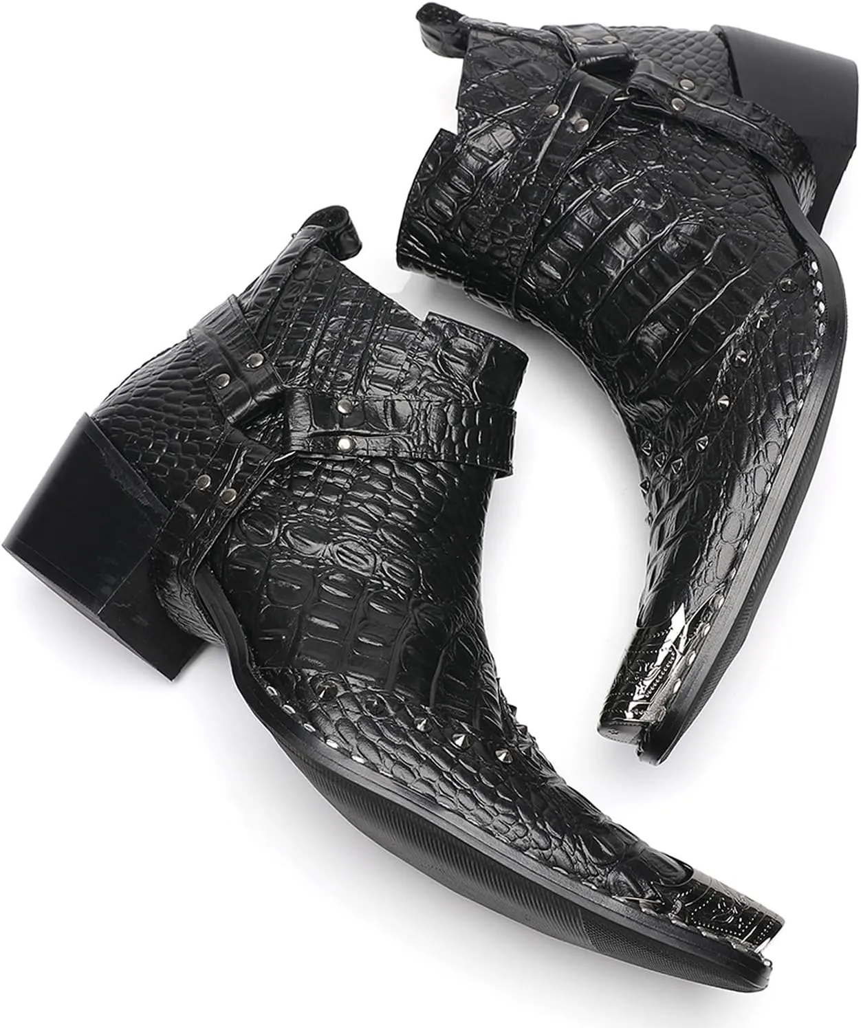 Santimon Chelsea Boots White Dress for Men Prom Casual Genuine Leather Pull Up Belt Buckle Metal Tip Ankle Boots Mens Fashion Tuxedo Wedding Ballroom Party Disco Western Cowboy Boots for Men