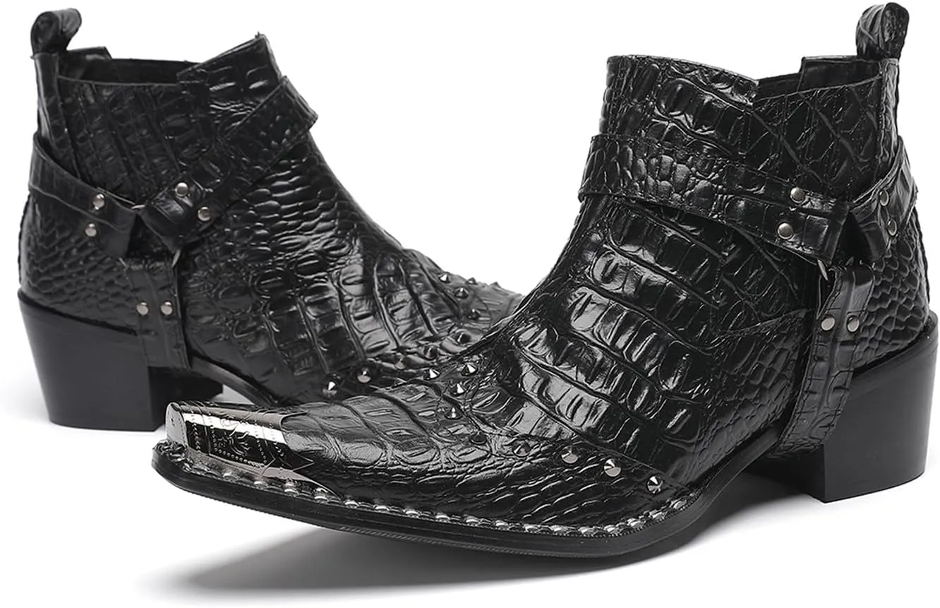 Santimon Chelsea Boots White Dress for Men Prom Casual Genuine Leather Pull Up Belt Buckle Metal Tip Ankle Boots Mens Fashion Tuxedo Wedding Ballroom Party Disco Western Cowboy Boots for Men