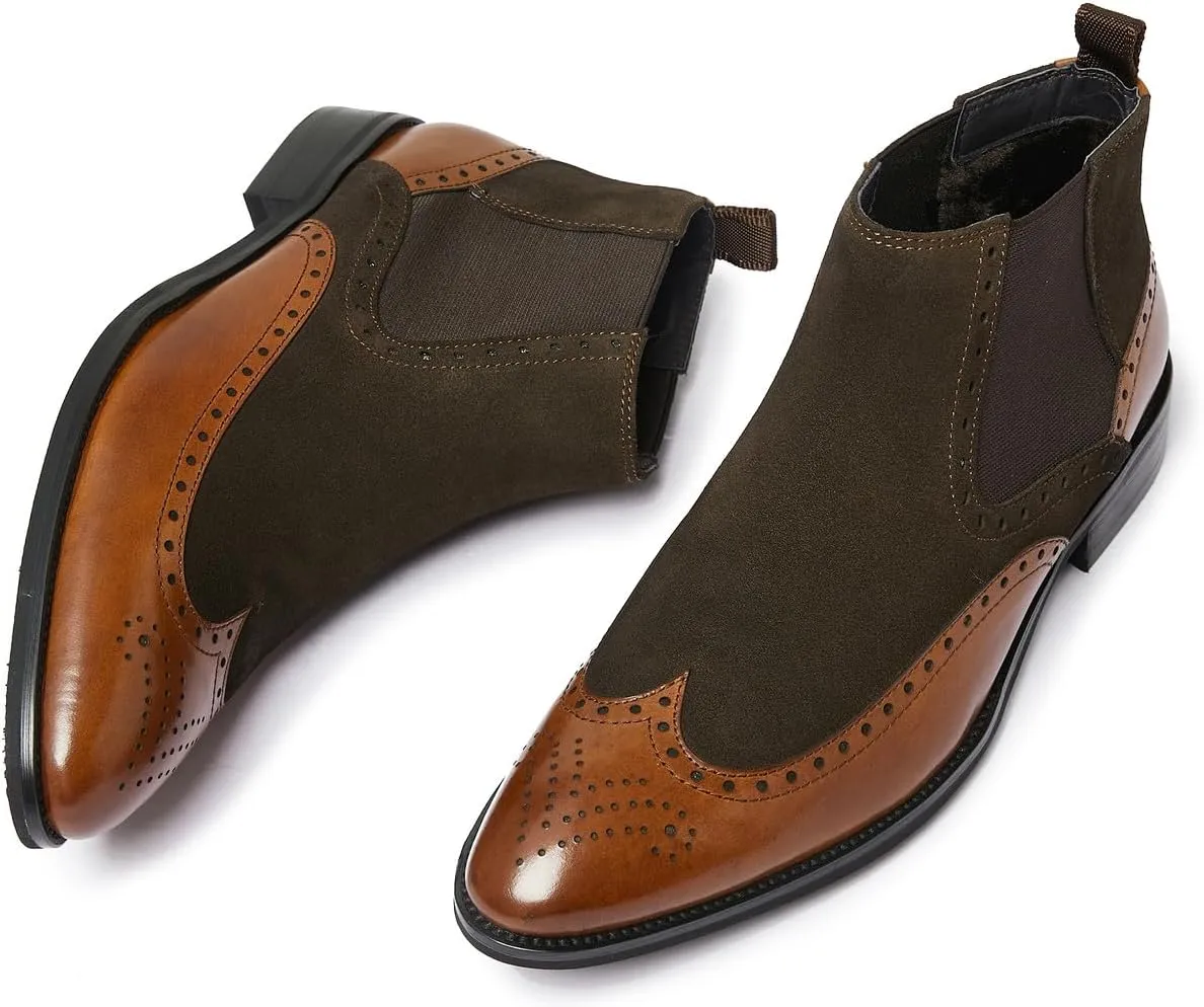 Santimon Mens Chelsea Dress Boots Leather Suede Wingtip Brogue Distinctive Slip on