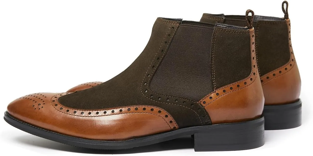 Santimon Mens Chelsea Dress Boots Leather Suede Wingtip Brogue Distinctive Slip on