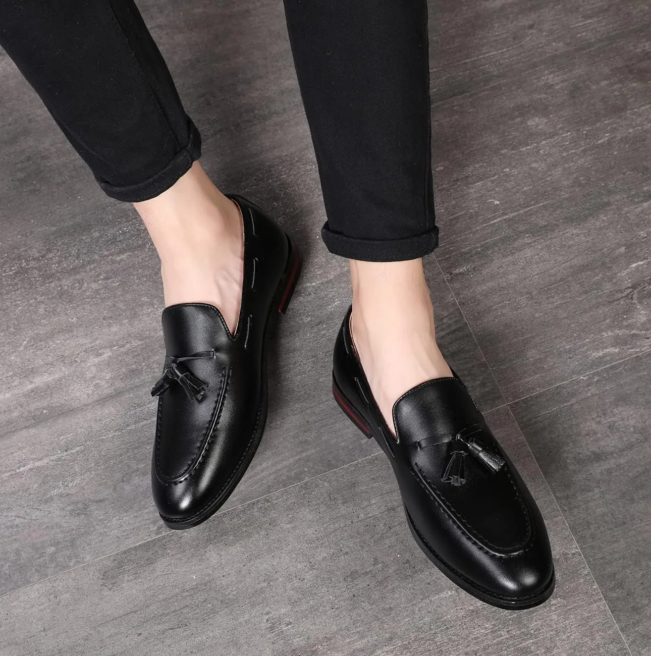 Santimon Mens Fashion Loafers Leather Casual Tassel Slip on Driving Flats Dress Shoes Black Brown