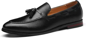 Santimon Mens Fashion Loafers Leather Casual Tassel Slip on Driving Flats Dress Shoes Black Brown