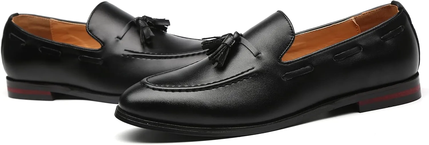 Santimon Mens Fashion Loafers Leather Casual Tassel Slip on Driving Flats Dress Shoes Black Brown