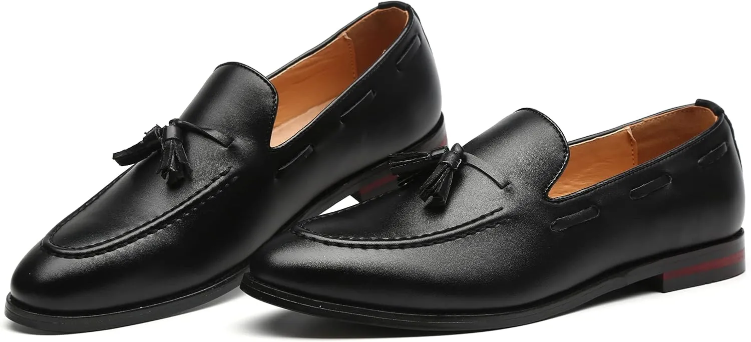 Santimon Mens Fashion Loafers Leather Casual Tassel Slip on Driving Flats Dress Shoes Black Brown