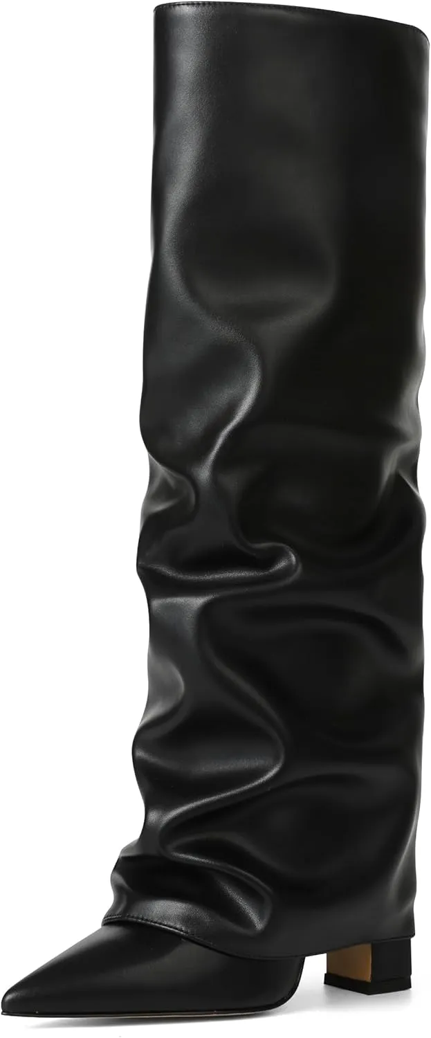 SaraIris Women's Knee High Boots Slouchy Black Fold Over Pointed Toe Chunky High Heeled Shark Boots for Women