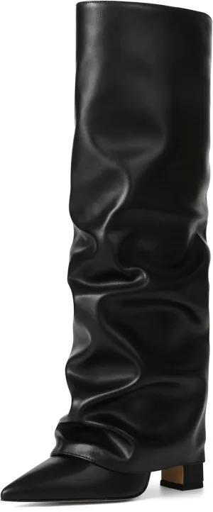 SaraIris Women's Knee High Boots Slouchy Black Fold Over Pointed Toe Chunky High Heeled Shark Boots for Women