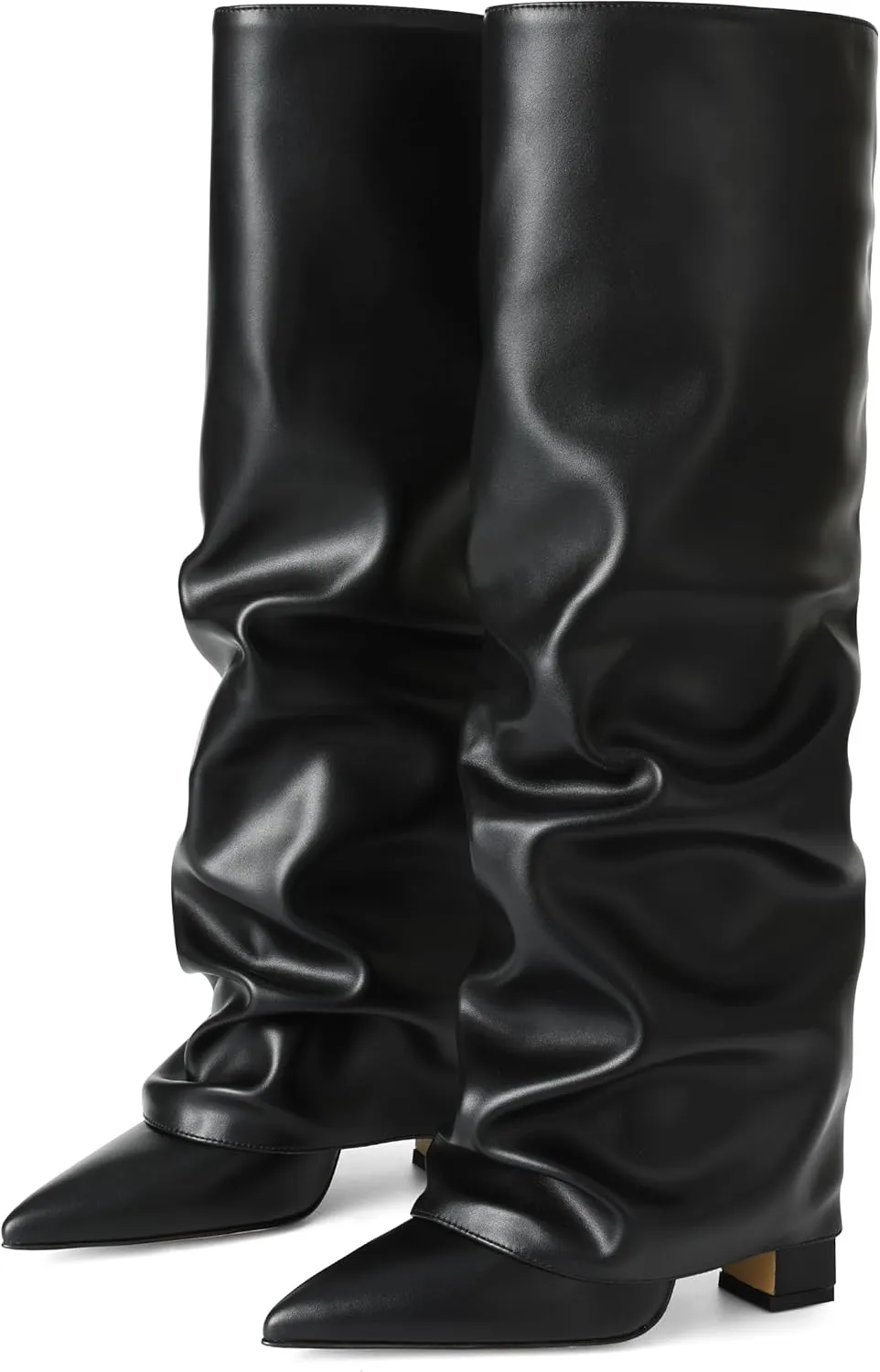 SaraIris Women's Knee High Boots Slouchy Black Fold Over Pointed Toe Chunky High Heeled Shark Boots for Women