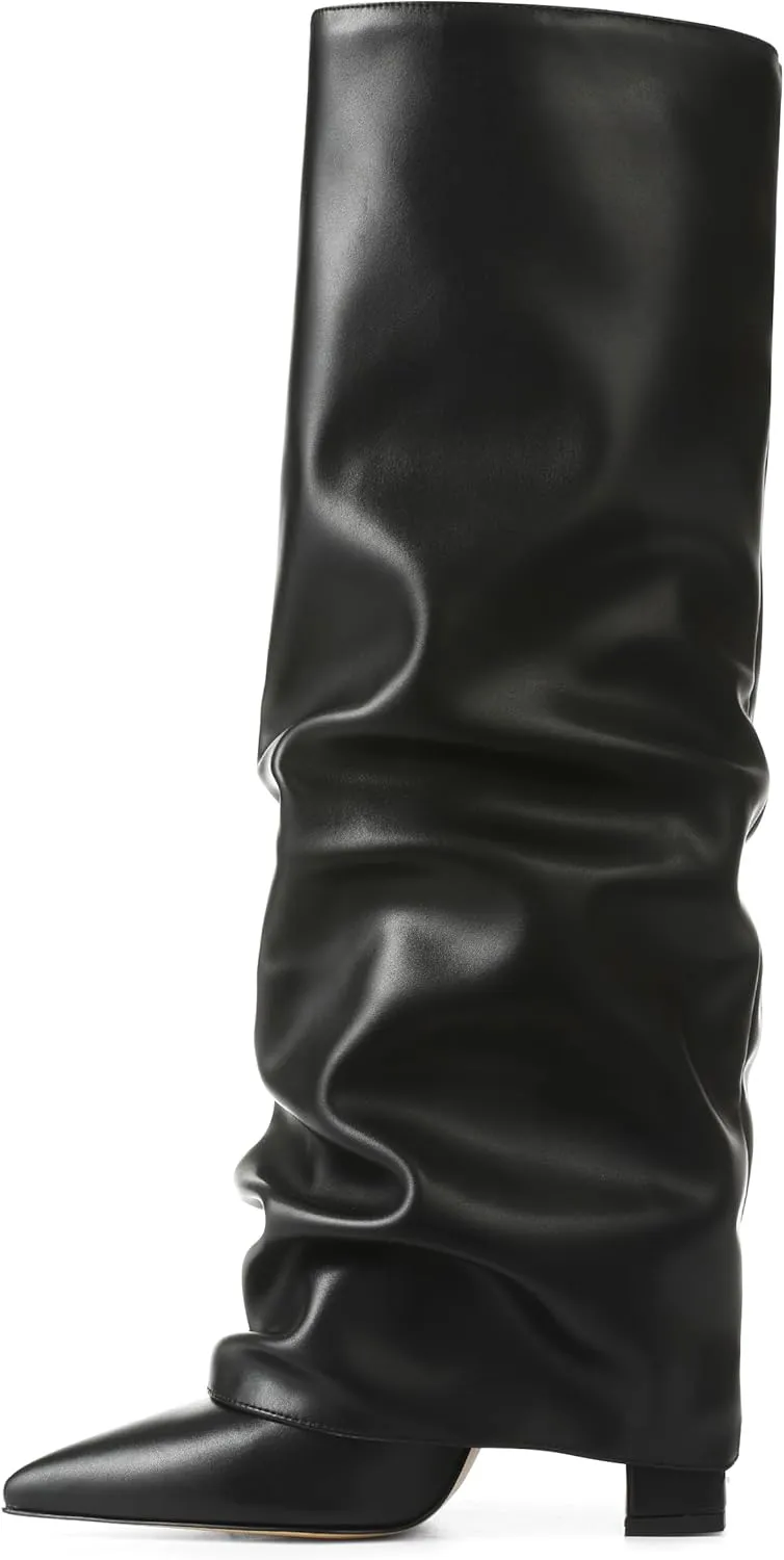 SaraIris Women's Knee High Boots Slouchy Black Fold Over Pointed Toe Chunky High Heeled Shark Boots for Women