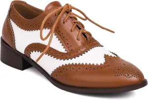 SHEMEE Women's Two Tone Oxfords Saddle Shoes Vintage Perforated Wingtip Brogues Laced Chunky Low Heels Pumps