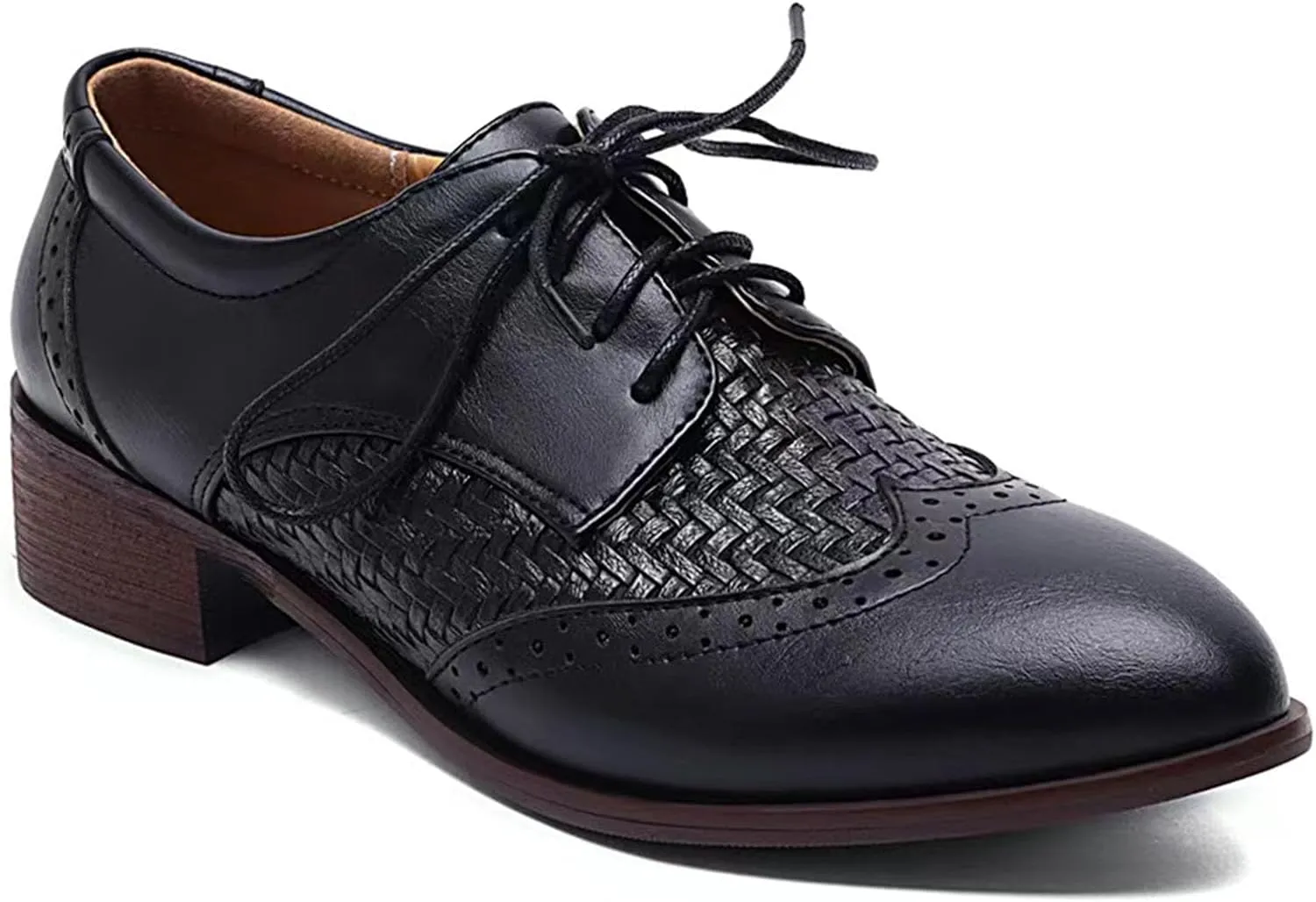 SHEMEE Women's Two Tone Oxfords Saddle Shoes Vintage Perforated Wingtip Brogues Laced Chunky Low Heels Pumps