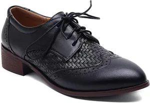 SHEMEE Women's Two Tone Oxfords Saddle Shoes Vintage Perforated Wingtip Brogues Laced Chunky Low Heels Pumps