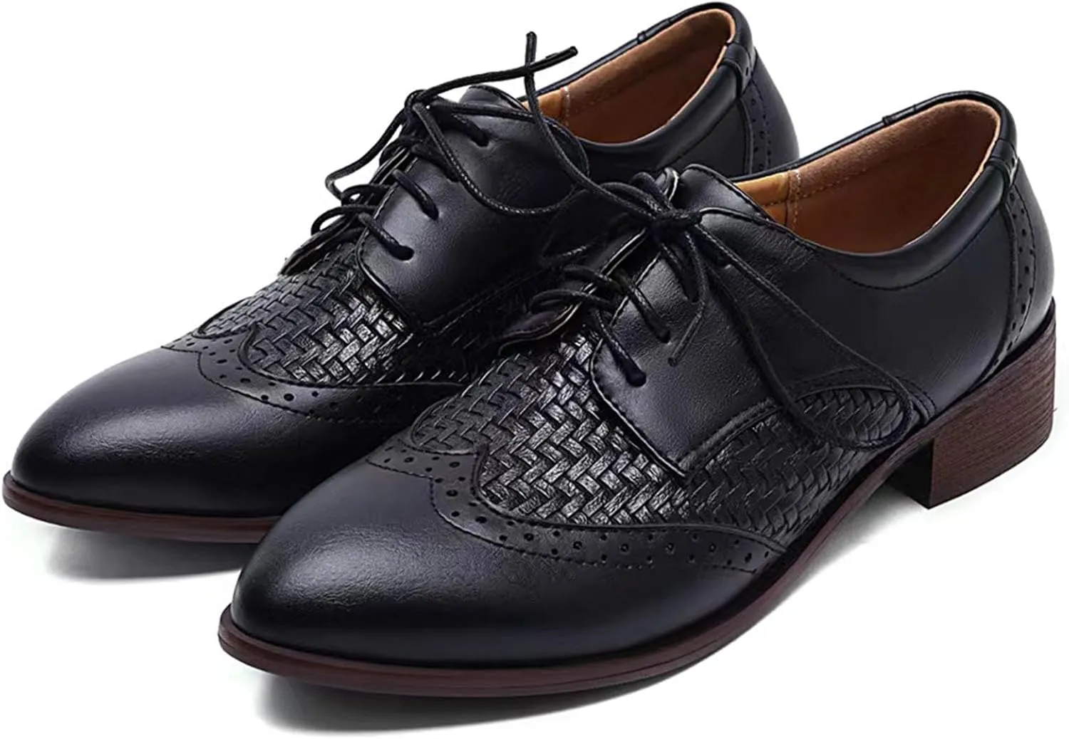 SHEMEE Women's Two Tone Oxfords Saddle Shoes Vintage Perforated Wingtip Brogues Laced Chunky Low Heels Pumps