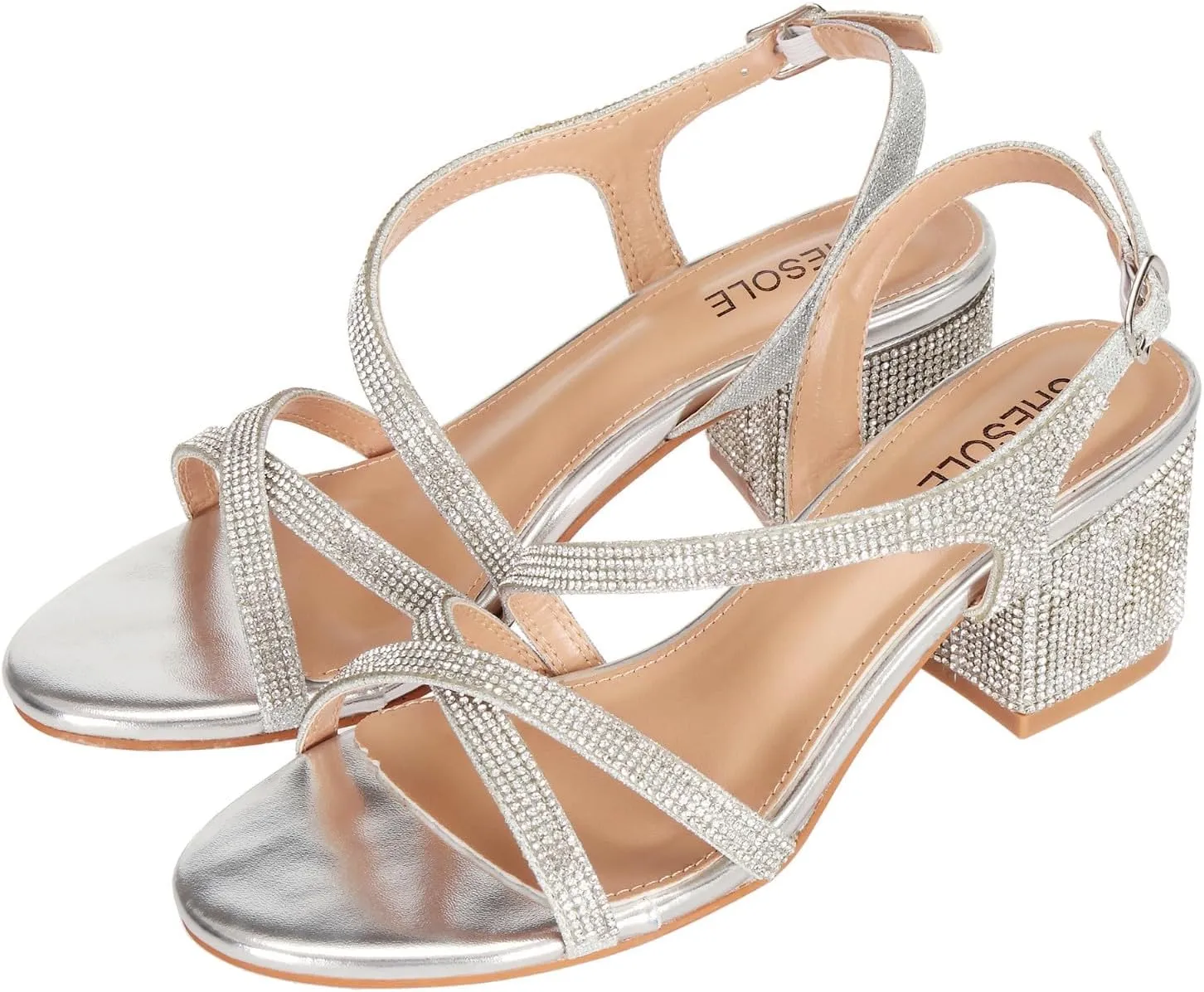 SheSole Women's Strappy Low Chunky Block Heels Sandals Open Toe Sparkly Rhinestone Wedding Prom Formal Evening Shoes