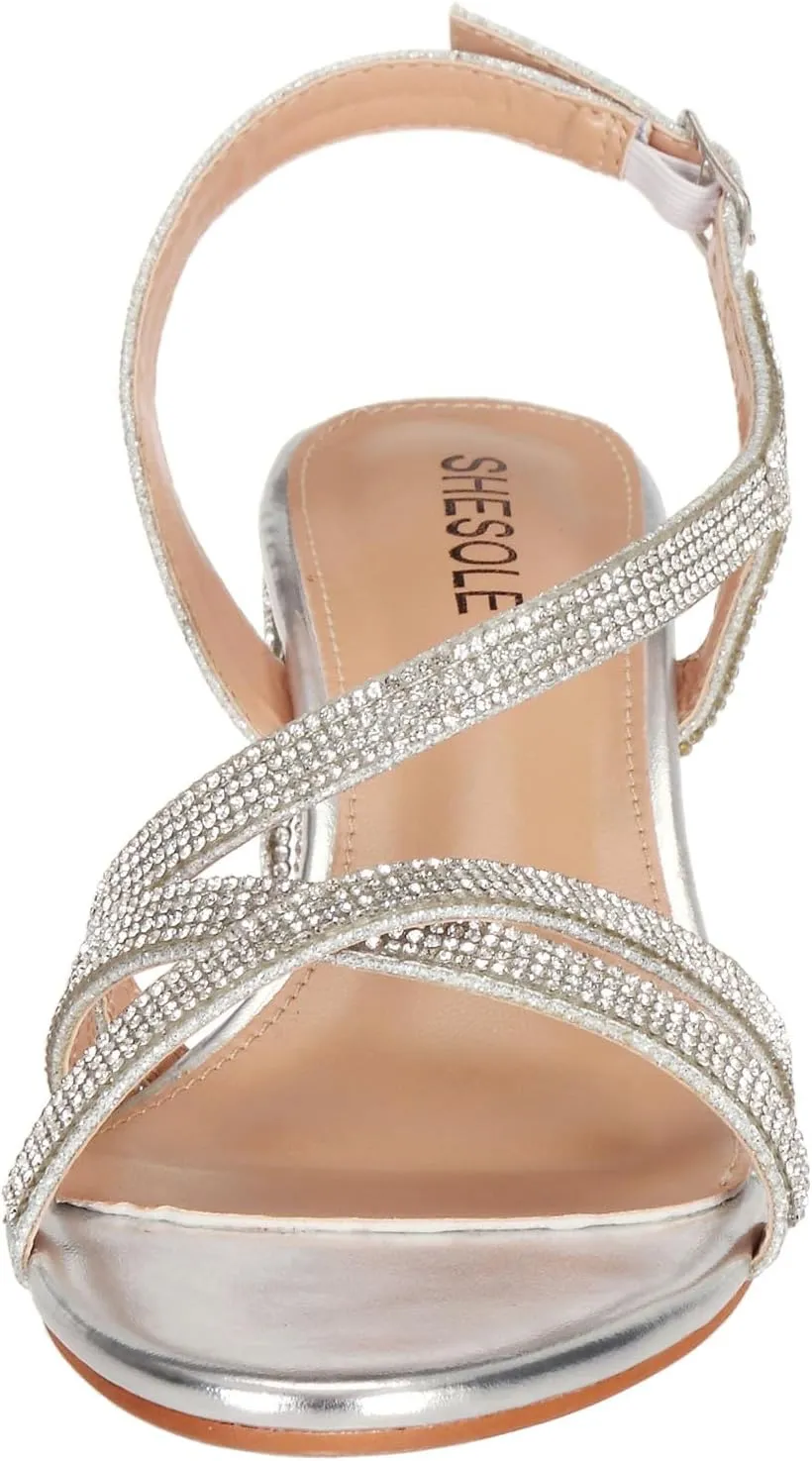 SheSole Women's Strappy Low Chunky Block Heels Sandals Open Toe Sparkly Rhinestone Wedding Prom Formal Evening Shoes