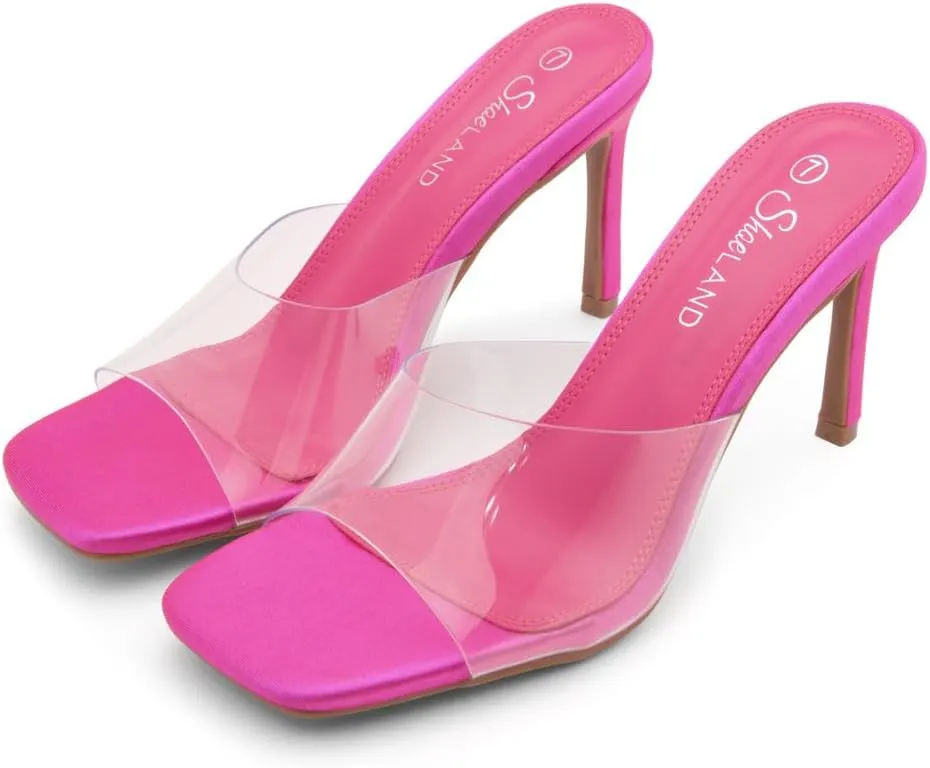 Shoe Land Melrose Women's High Heels Stiletto Heeled Slides, Square Open Toe One Band Slip-On Heeled Mules – Dressy Clear Heeled Sandals for Prom Party Wedding and Vacation