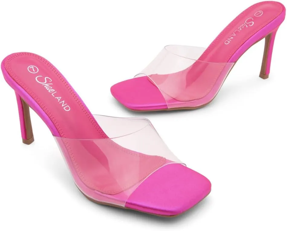 Shoe Land Melrose Women's High Heels Stiletto Heeled Slides, Square Open Toe One Band Slip-On Heeled Mules – Dressy Clear Heeled Sandals for Prom Party Wedding and Vacation