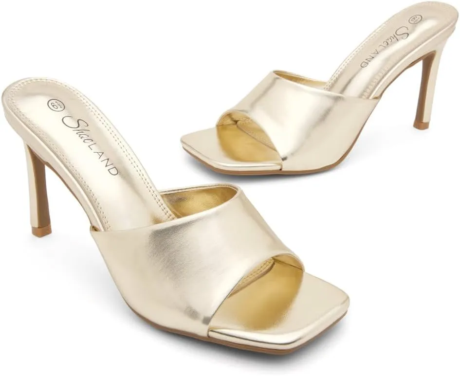Shoe Land Melrose Women's High Heels Stiletto Heeled Slides, Square Open Toe One Band Slip-On Heeled Mules – Dressy Clear Heeled Sandals for Prom Party Wedding and Vacation