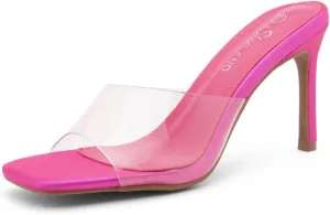Shoe Land Melrose Women's High Heels Stiletto Heeled Slides, Square Open Toe One Band Slip-On Heeled Mules – Dressy Clear Heeled Sandals for Prom Party Wedding and Vacation