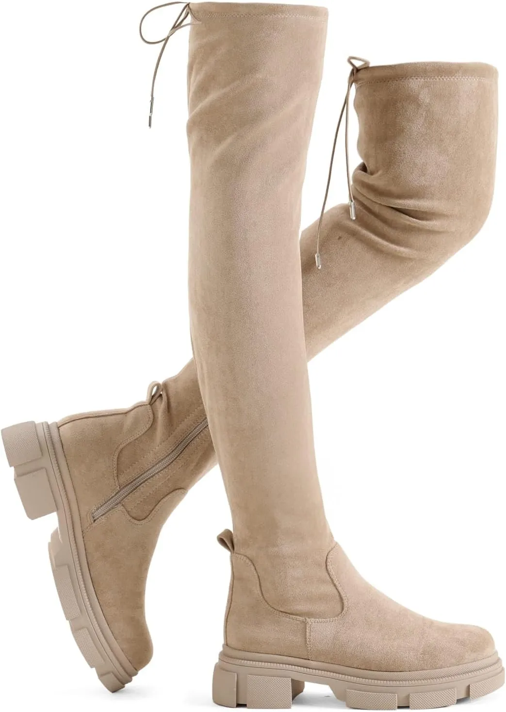 Shoe'N Tale Thigh High Knit Sock Boots Round Toe Mid Chunky Heel Stretch Over the Knee Boots for Women
