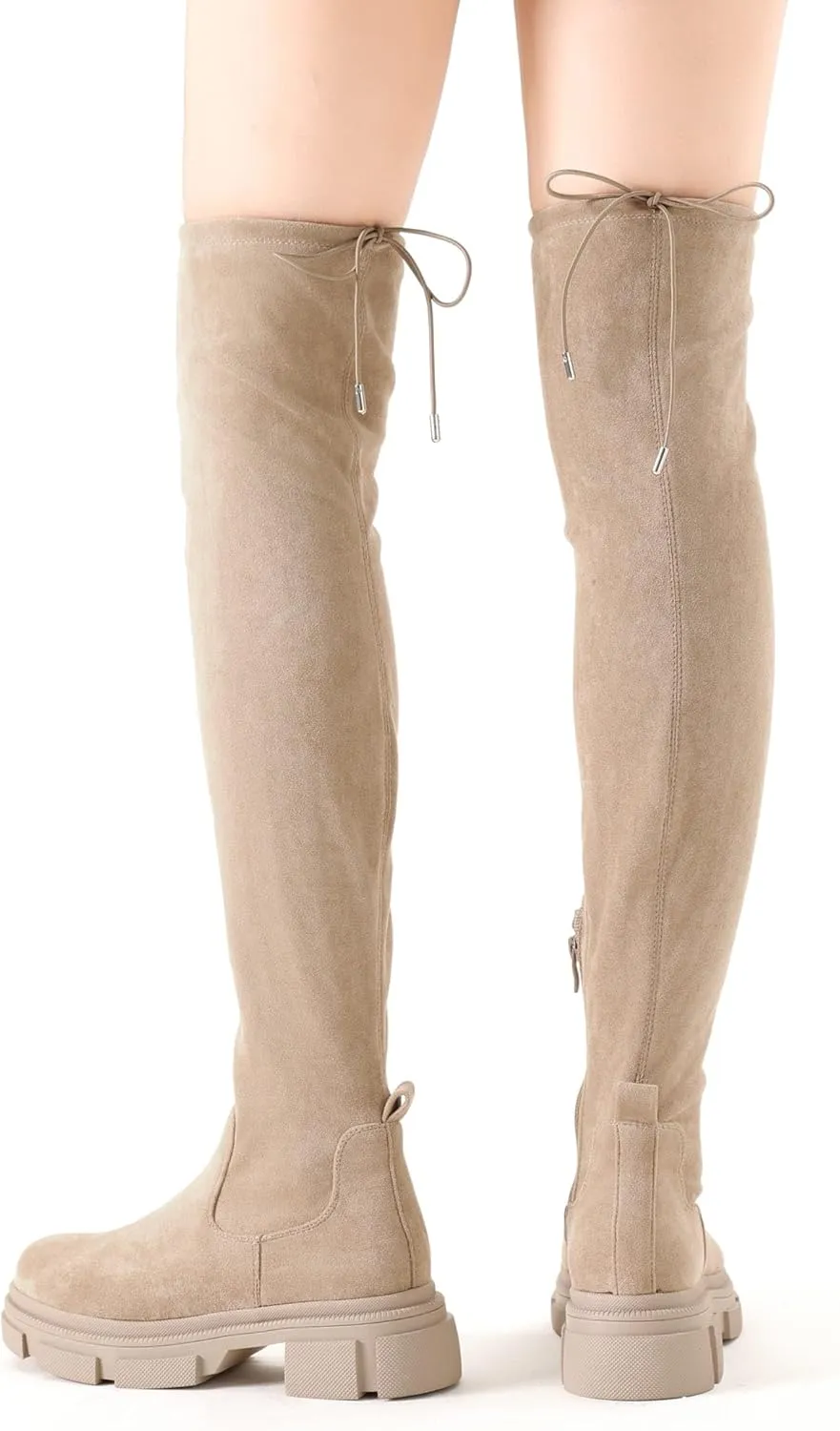 Shoe'N Tale Thigh High Knit Sock Boots Round Toe Mid Chunky Heel Stretch Over the Knee Boots for Women