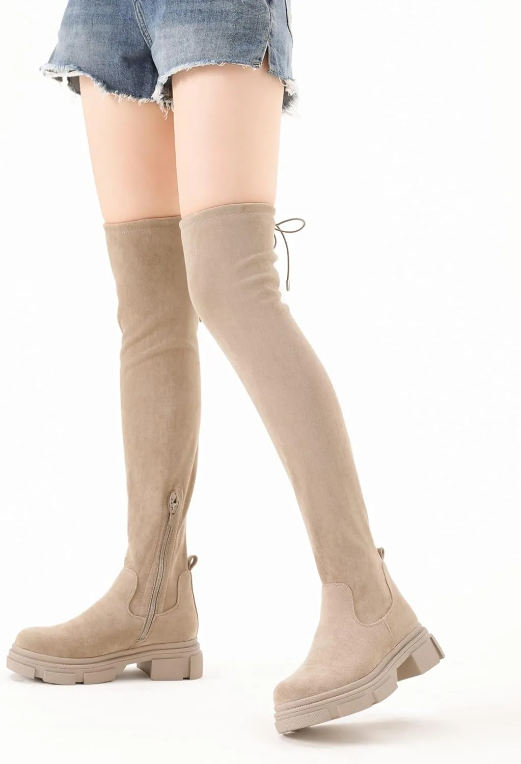 Shoe'N Tale Thigh High Knit Sock Boots Round Toe Mid Chunky Heel Stretch Over the Knee Boots for Women