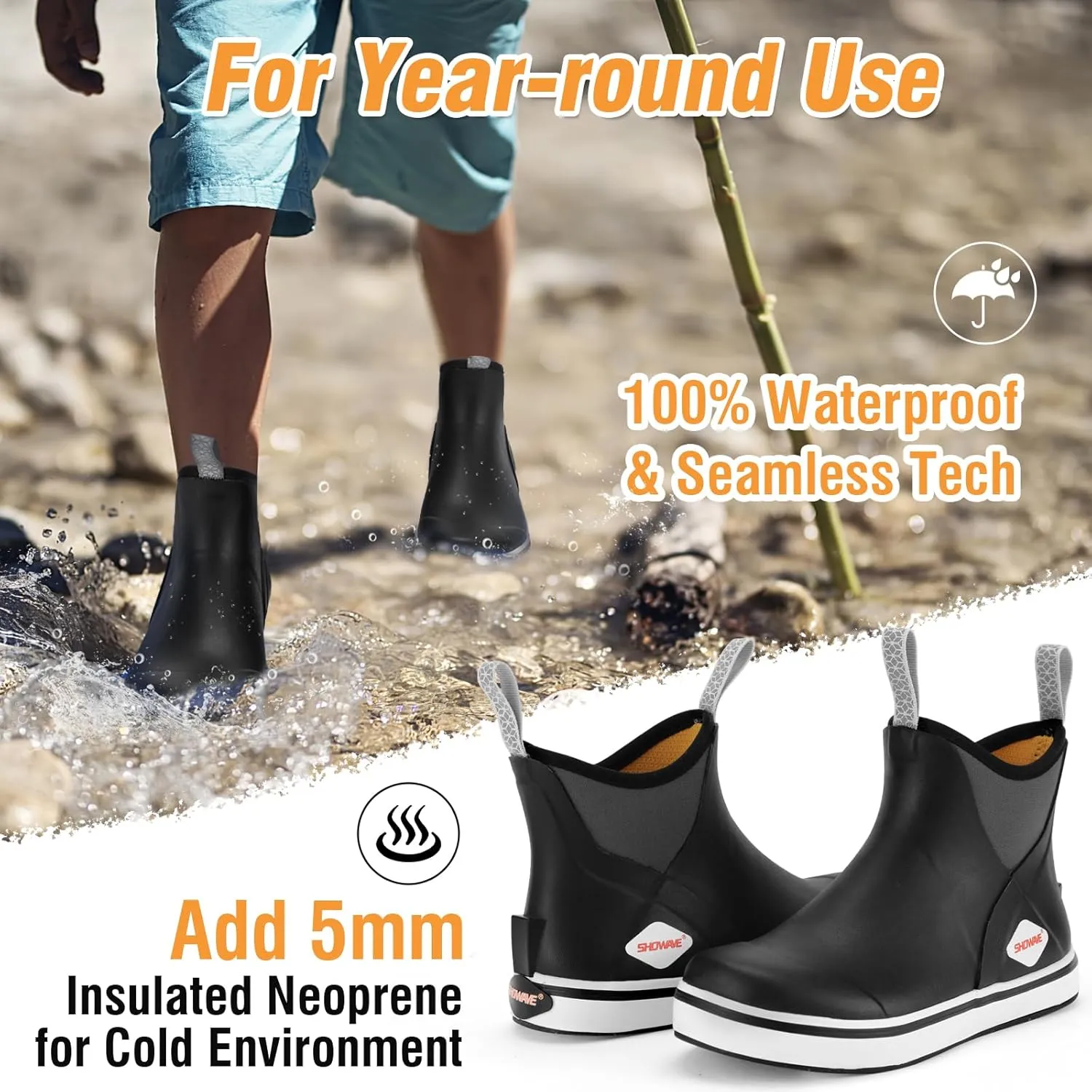 Showave Kid's Deck Boots Waterproof Ankle Rain Boots for Boys Girls Insulated Neoprene Rubber Boots Non-slip Child Rain Shoes