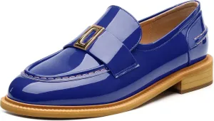 SHOWFOREST Loafers for Women Low Heel Patent Leather Round Toe Block Penny Loafers Comfortable Casual Classic Slip on Shoes Office Party Dating Work Dress Shoes 1.2 Inch