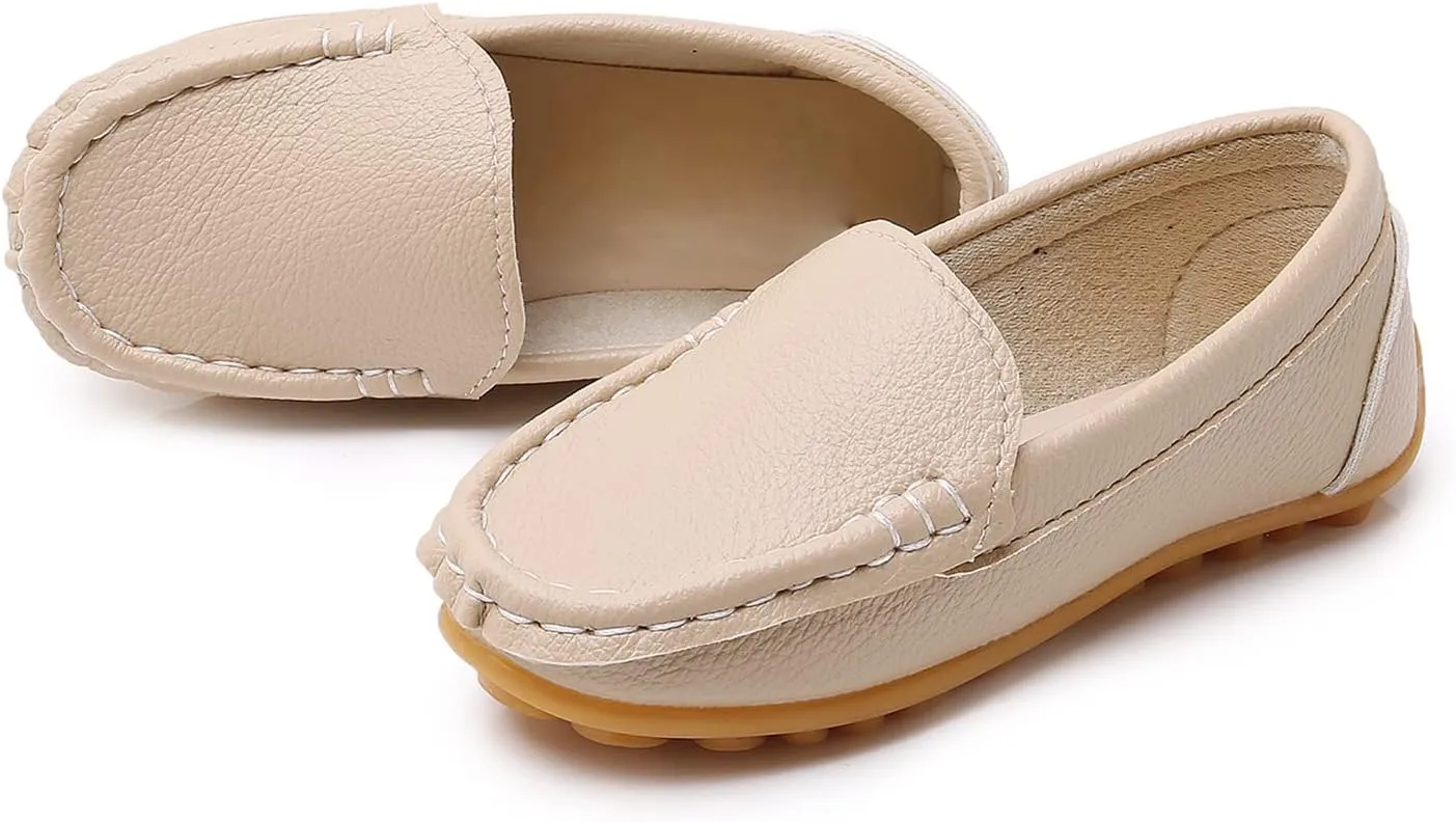 SOFMUO Boys Girls Leather Loafers Slip-On Oxford Flats Boat Dress Schooling Daily Walking Shoes(Toddler/Little Kids)
