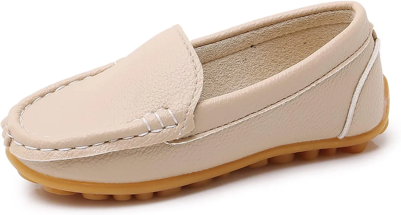 SOFMUO Boys Girls Leather Loafers Slip-On Oxford Flats Boat Dress Schooling Daily Walking Shoes(Toddler/Little Kids)