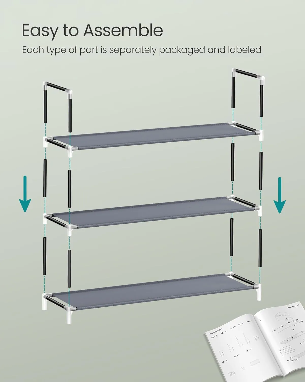SONGMICS 3-Tier Shoe Rack, Shoe Storage for Hallway Closet, Slim and Space-Saving, Metal Frame, Non-Woven Fabric Shelves, Dove Gray and Ink Black ULSH053G01