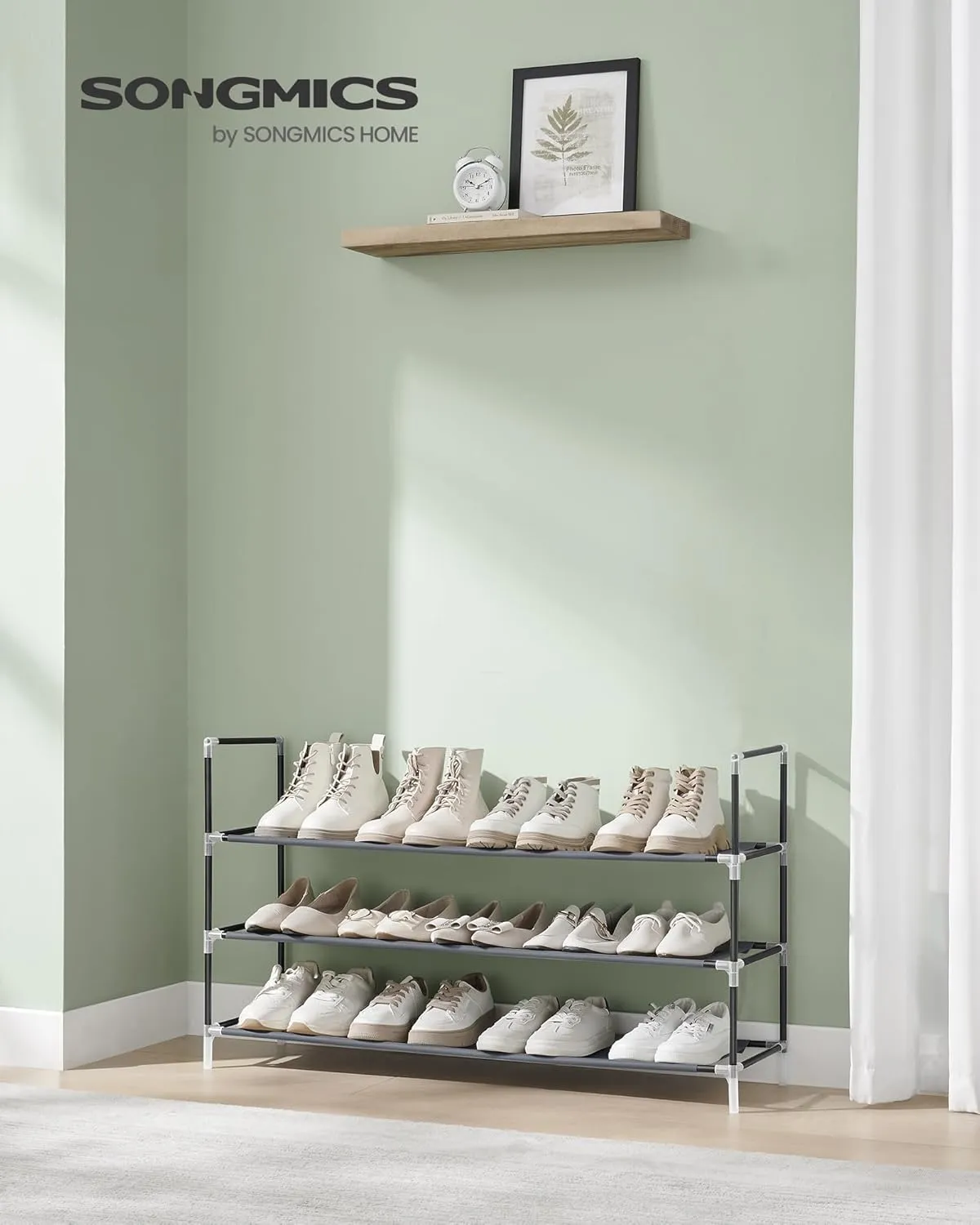 SONGMICS 3-Tier Shoe Rack, Shoe Storage for Hallway Closet, Slim and Space-Saving, Metal Frame, Non-Woven Fabric Shelves, Dove Gray and Ink Black ULSH053G01