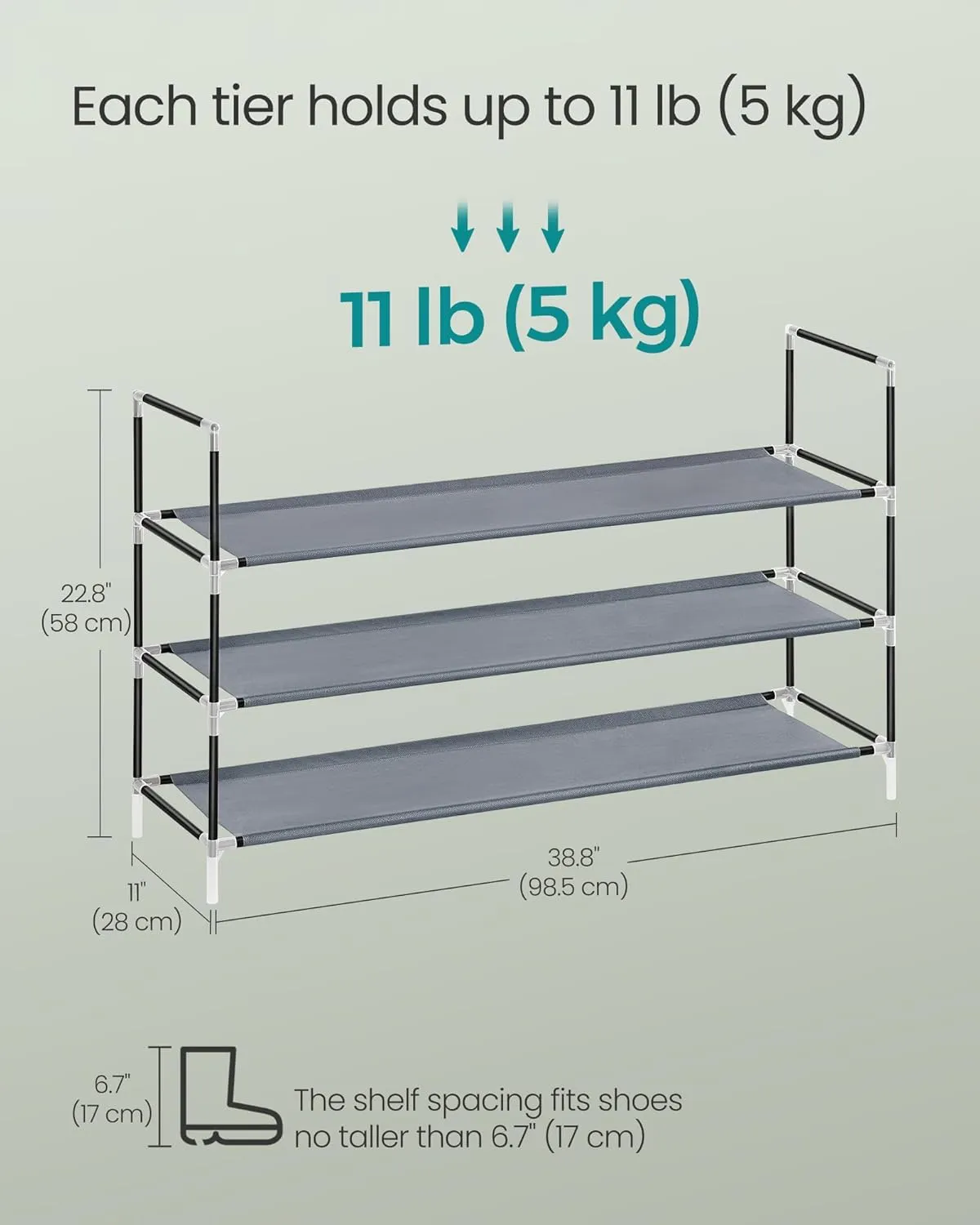 SONGMICS 3-Tier Shoe Rack, Shoe Storage for Hallway Closet, Slim and Space-Saving, Metal Frame, Non-Woven Fabric Shelves, Dove Gray and Ink Black ULSH053G01