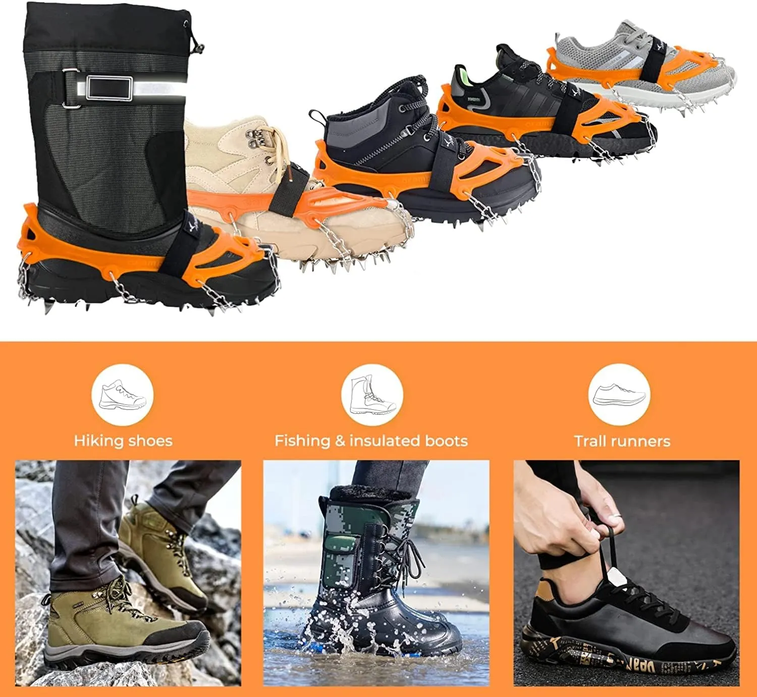 Sportneer Crampons, Traction Cleats Ice Snow Grips with 19 Stainless Steel Spikes, Ice Cleats Traction Snow Grips for Boots Shoes, Crampons Ice Cleats for Women Men Hiking Jogging Climbing And Fishing