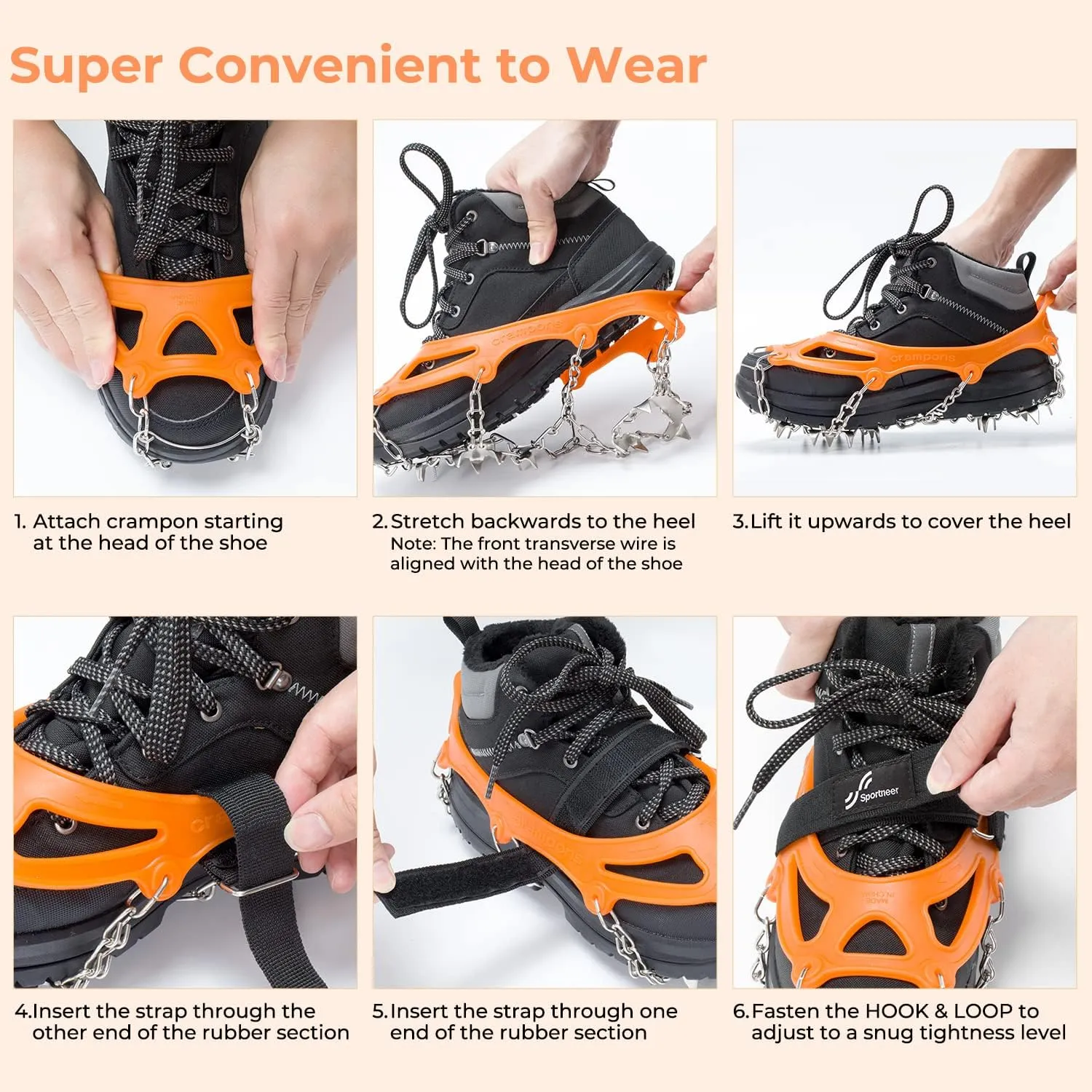 Sportneer Crampons, Traction Cleats Ice Snow Grips with 19 Stainless Steel Spikes, Ice Cleats Traction Snow Grips for Boots Shoes, Crampons Ice Cleats for Women Men Hiking Jogging Climbing And Fishing