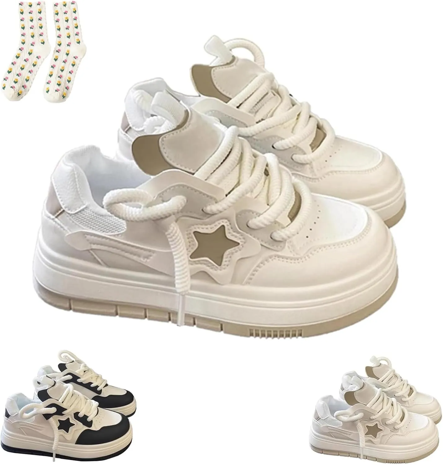 Star Shoes Walking Sneakers for Women Low Top Lace-up Comfort Casual Shoes Y2K Aesthetic Chunky Platform Sneakers