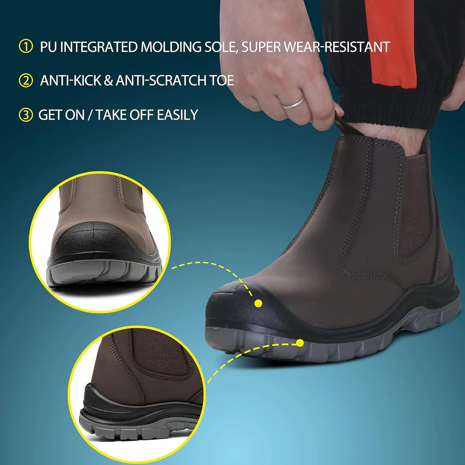 Steel Toe Work Boots for Men Slip-on Chelsea Boot, Men's Industrial & Construction Shoes, Waterproof, Lightweight, Comfortable, Non-slip Safety Shoes, Black, 10.5