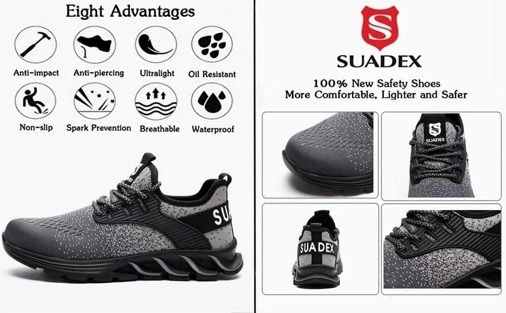 SUADEX Steel Toe Shoes for Men Women Indestructible Safety Work Tennis Shoes Lightweight Comfortable Slip Resistant Breathable Construction Composite Toe Sneakers