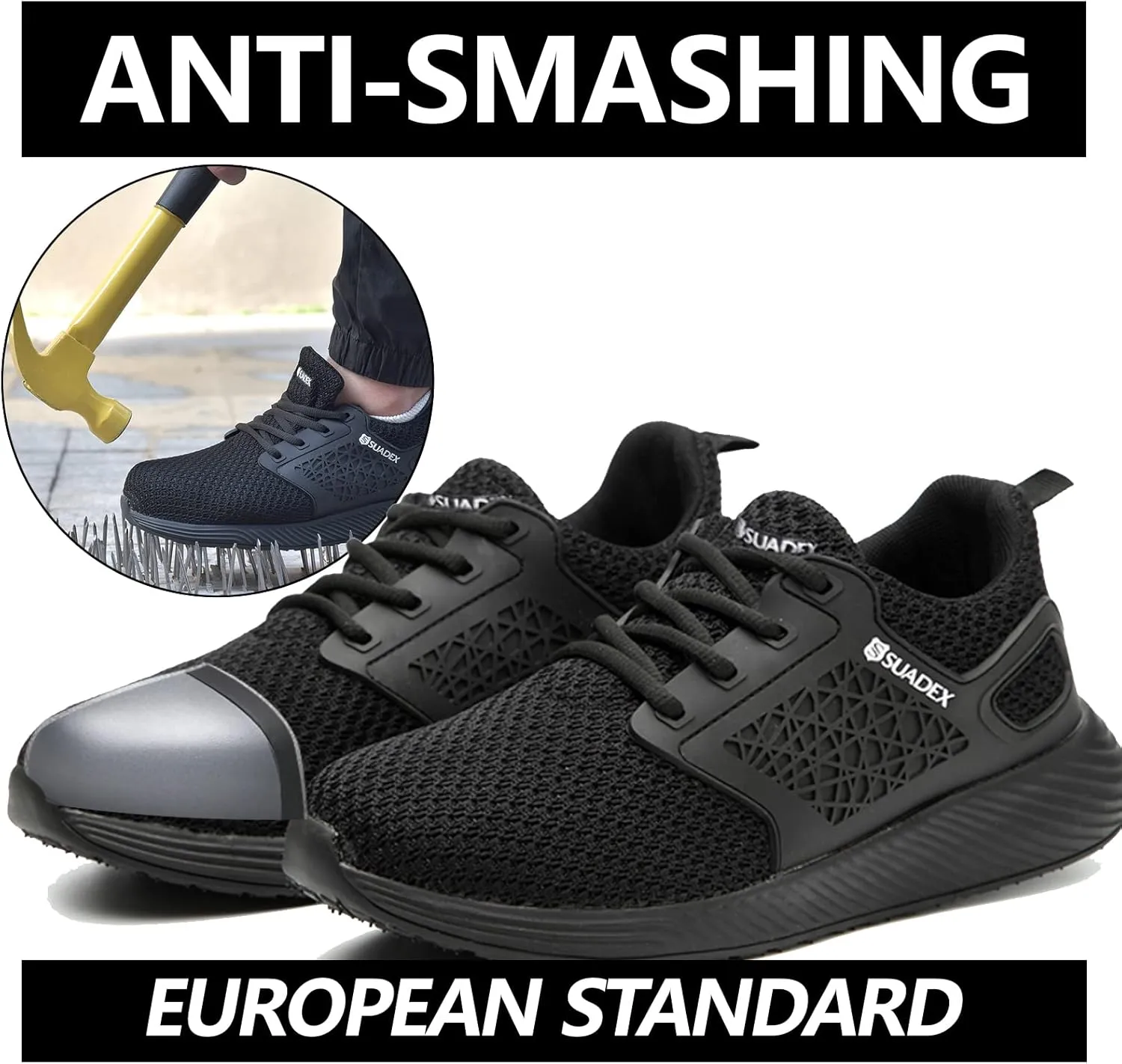 SUADEX Steel Toe Shoes for Men Women Lightweight Safety Work Sneakers for Construction Indestructible Breathable