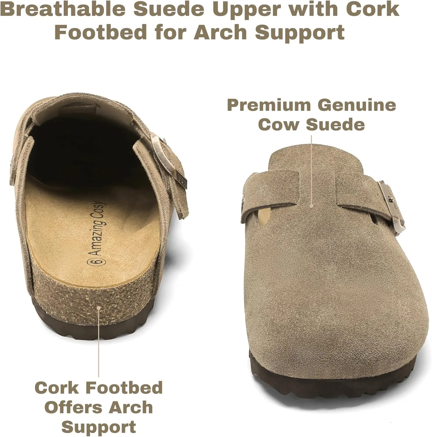 Suede Clogs for Women, Slip On Knock Off Boston Slippers Closed Toe with Cork Footbed and Arch Support, Indoor Outdoor Comfortable Mules