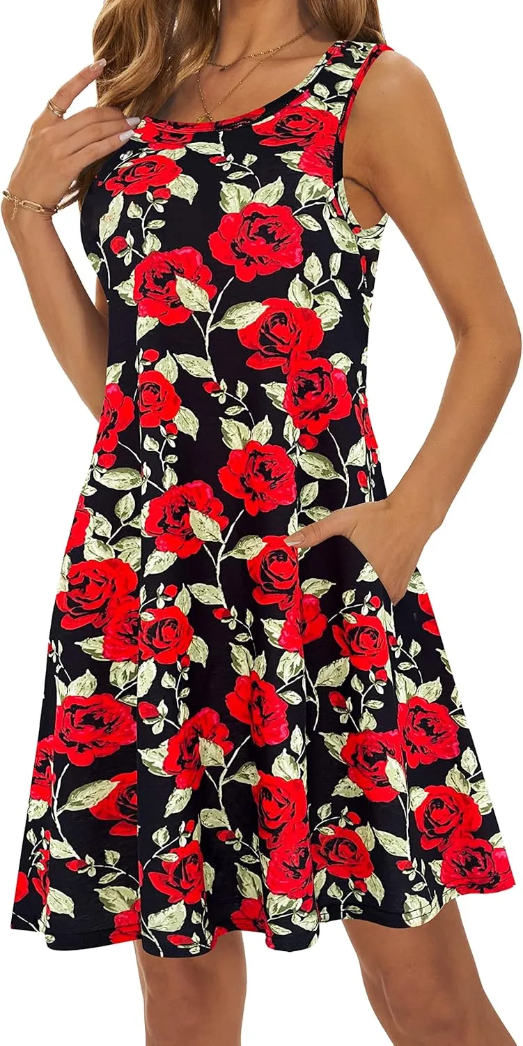 Summer Dresses for Women 2025 Casual Sundresses Beach Cover Ups Sleeveless Tshirt Swing Dress with Pockets