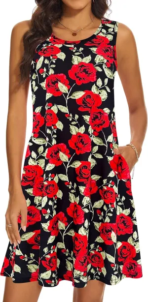 Summer Dresses for Women 2025 Casual Sundresses Beach Cover Ups Sleeveless Tshirt Swing Dress with Pockets