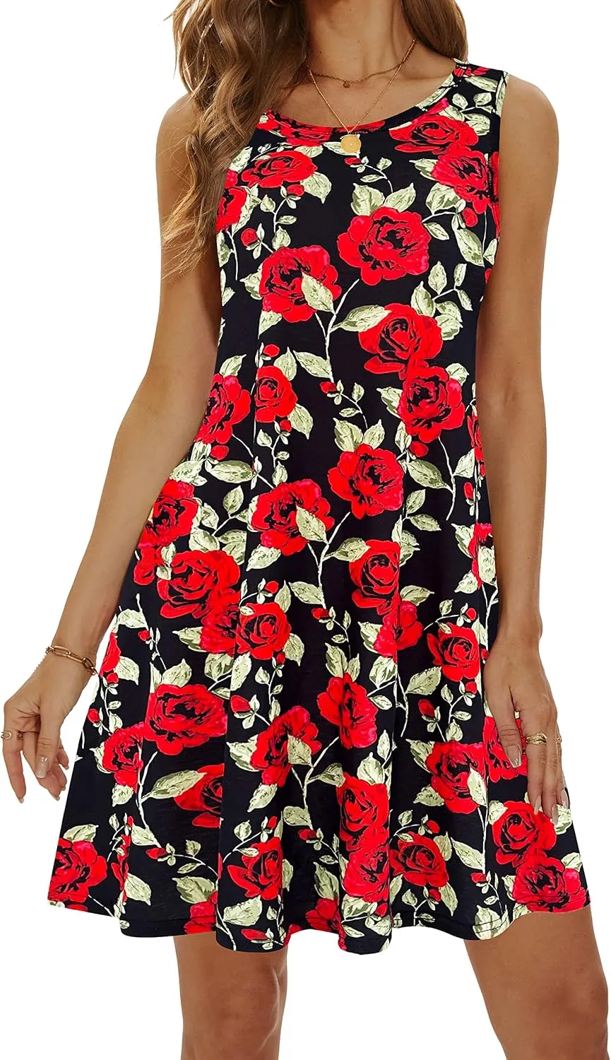 Summer Dresses for Women 2025 Casual Sundresses Beach Cover Ups Sleeveless Tshirt Swing Dress with Pockets