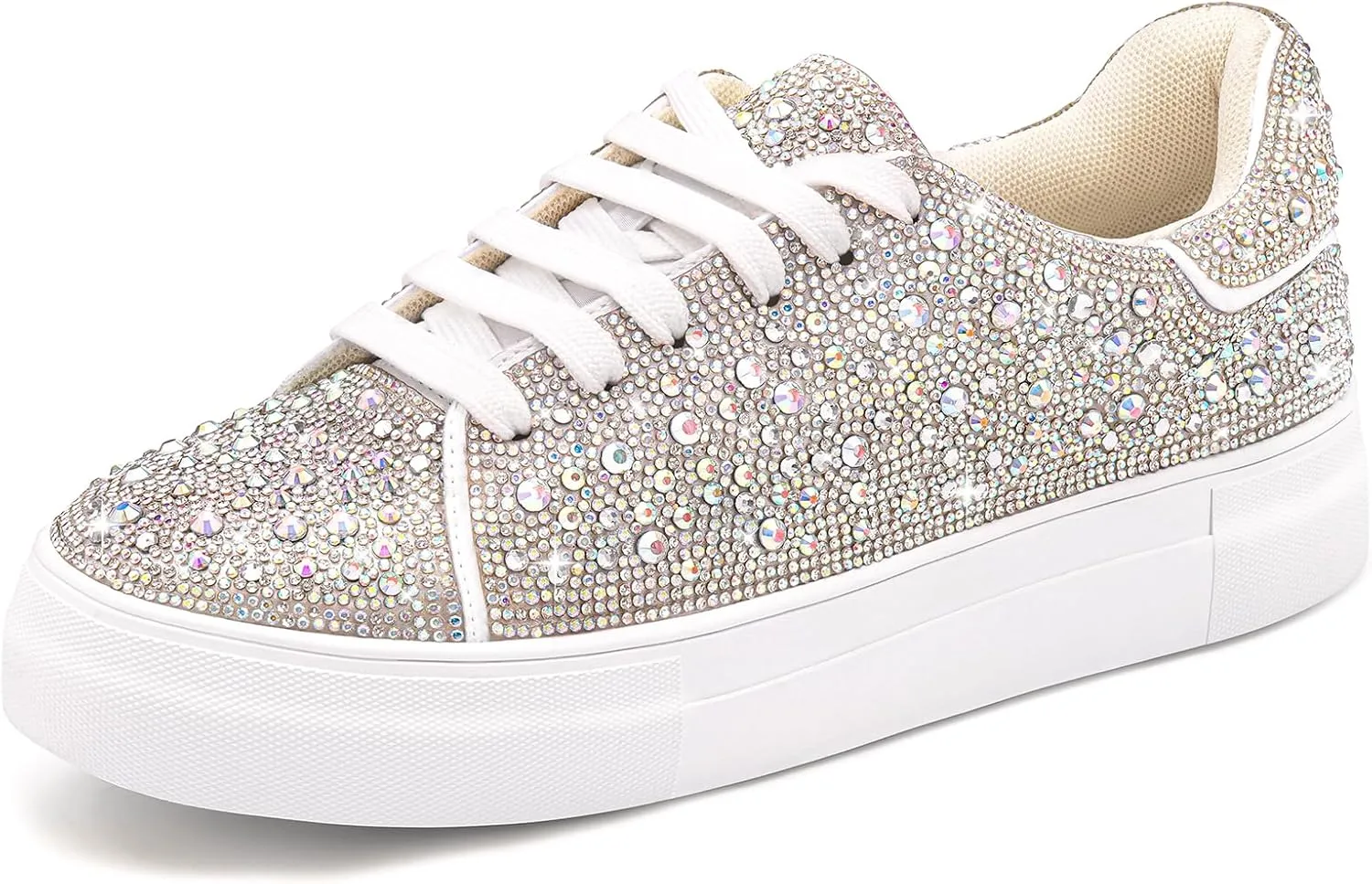 Suokdil Sparkle Rhinestone Sneakers for Women - Bling Fashion Bedazzled Platform Tennis Shoes - White Glitter Sequin Wedding and Party Shoe