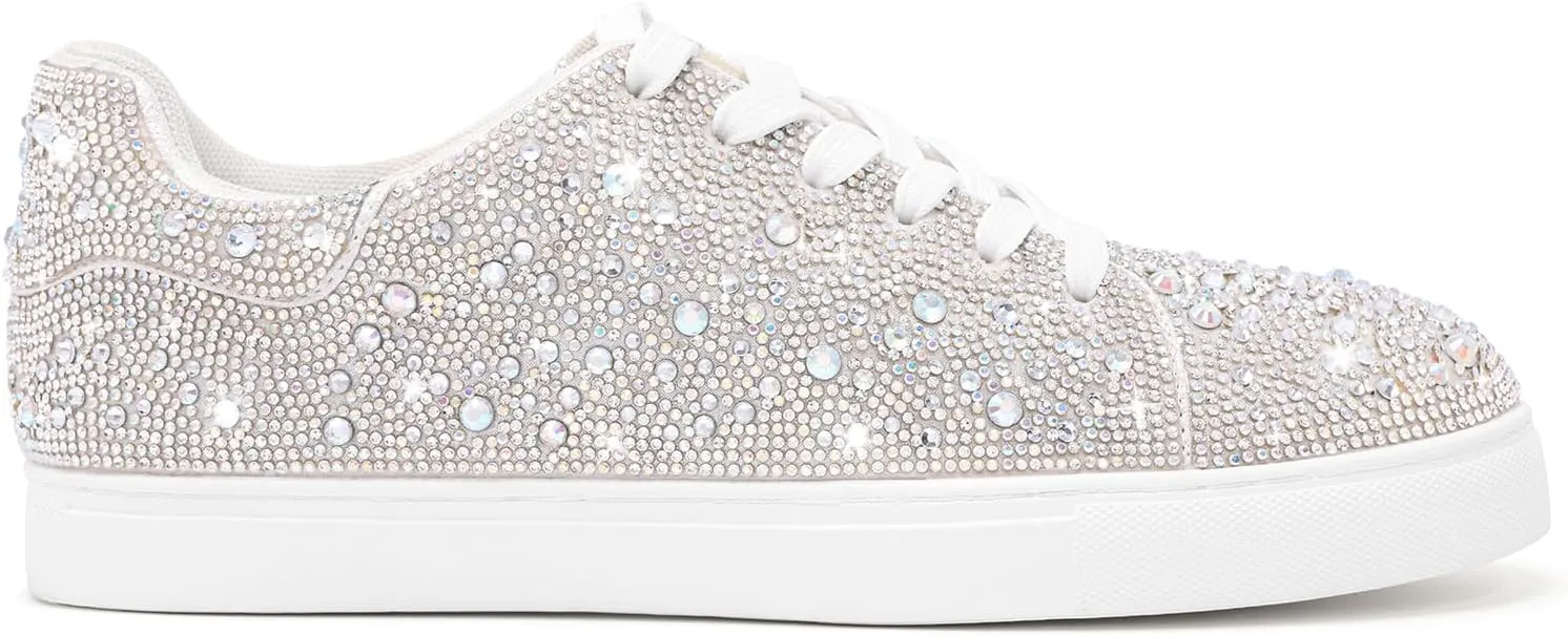 Suokdil Sparkle Rhinestone Sneakers for Women - Bling Fashion Bedazzled Platform Tennis Shoes - White Glitter Sequin Wedding and Party Shoe