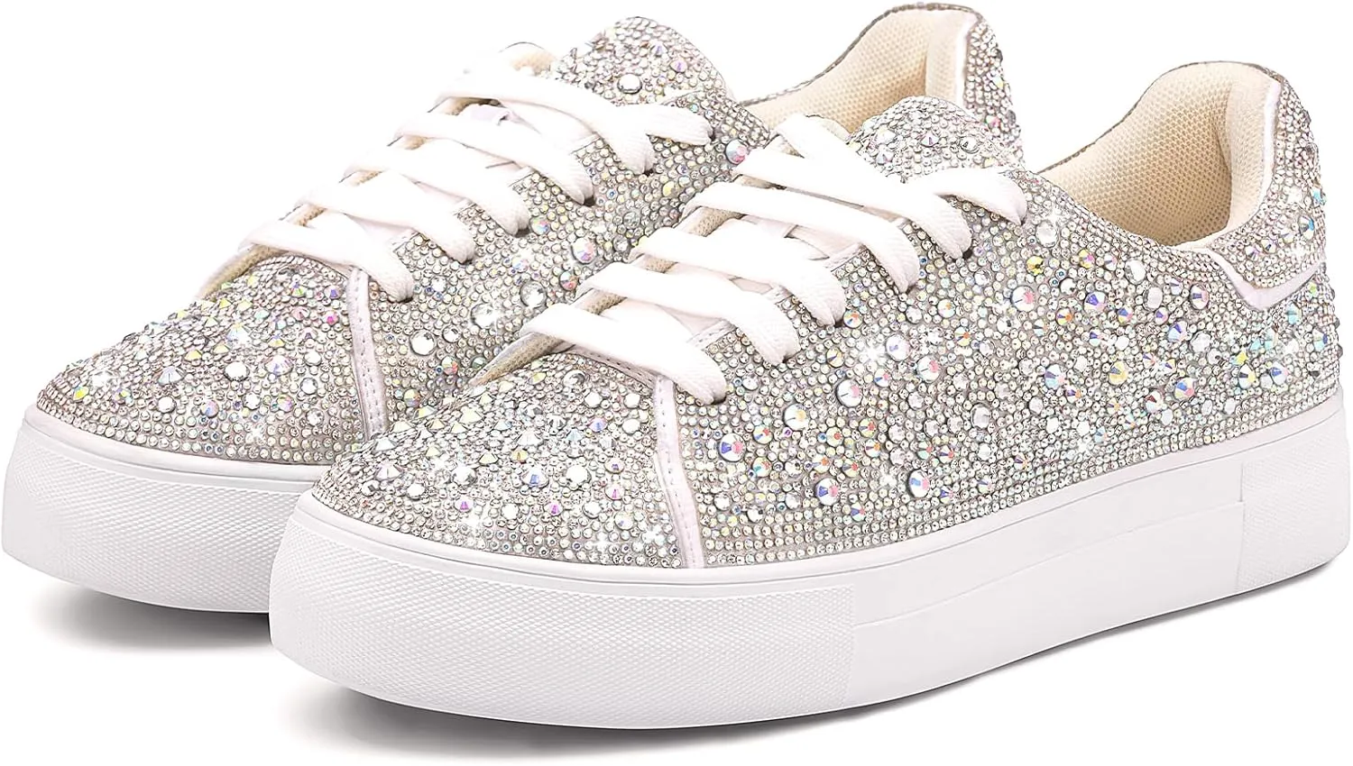 Suokdil Sparkle Rhinestone Sneakers for Women - Bling Fashion Bedazzled Platform Tennis Shoes - White Glitter Sequin Wedding and Party Shoe