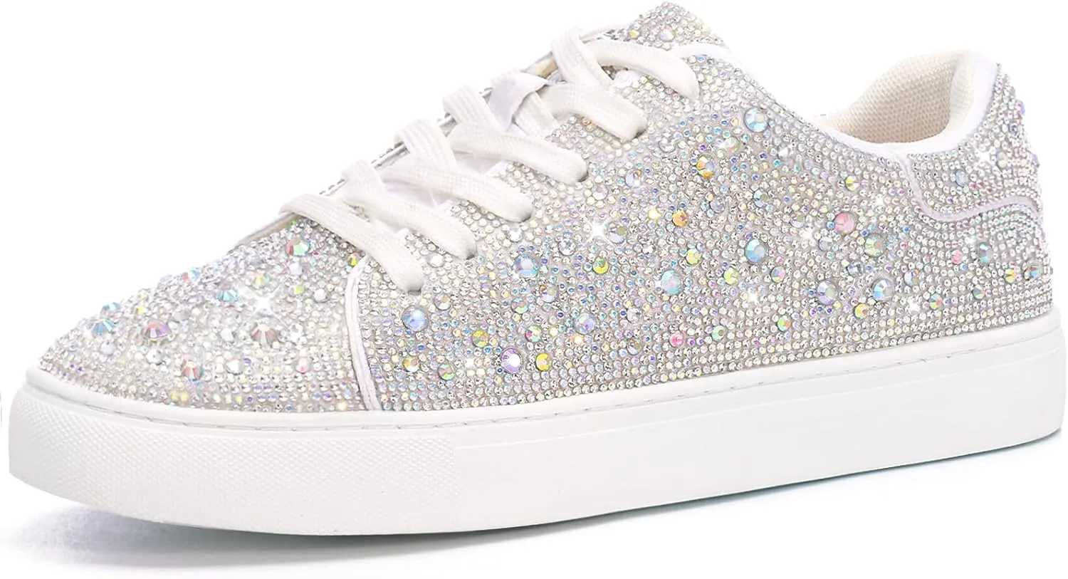 Suokdil Sparkle Rhinestone Sneakers for Women - Bling Fashion Bedazzled Platform Tennis Shoes - White Glitter Sequin Wedding and Party Shoe