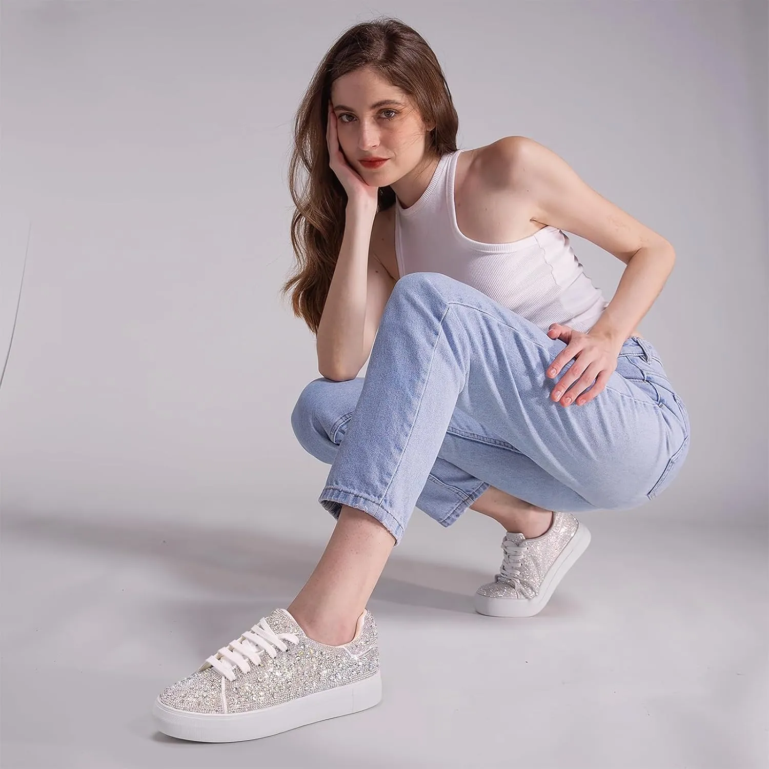 Suokdil Sparkle Rhinestone Sneakers for Women - Bling Fashion Bedazzled Platform Tennis Shoes - White Glitter Sequin Wedding and Party Shoe