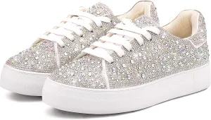 Suokdil Sparkle Rhinestone Sneakers for Women - Bling Fashion Bedazzled Platform Tennis Shoes - White Glitter Sequin Wedding and Party Shoe